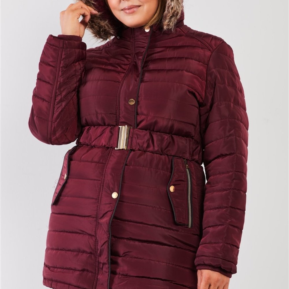 Plus Size Wine Parallel Quilt Faux Fur Hood Belted Padded Long Puffer Jacket